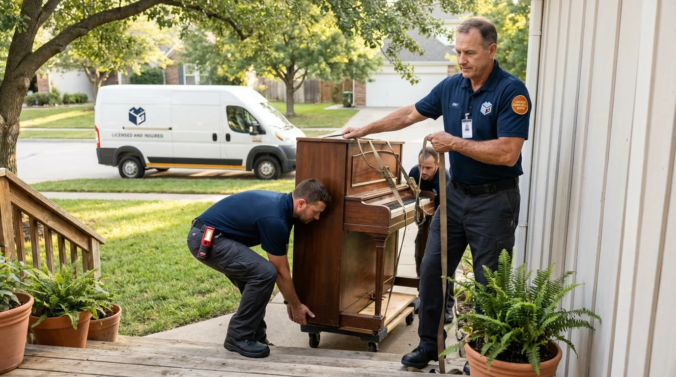 Licensed piano movers securing grand piano in Mullica Hill, NJ
