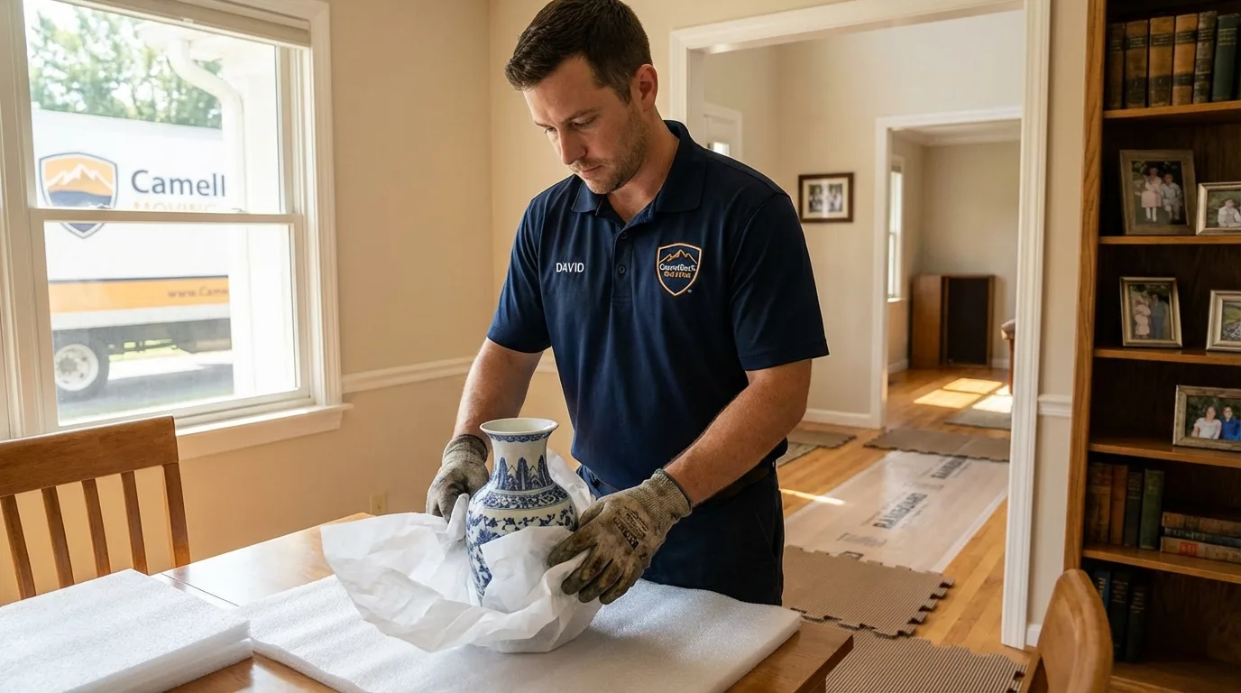 Professional crew carefully wrapping antique vase for senior downsizing move in Mullica Hill, NJ